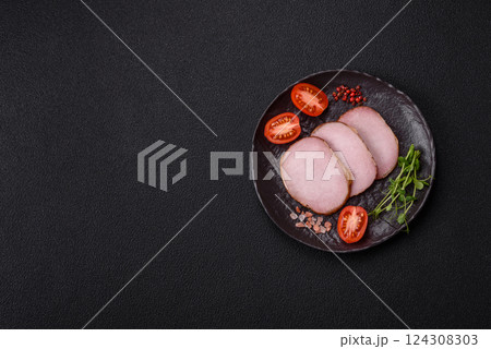 Meat, smoked, ham sliced with salt, spices and herbs 124308303