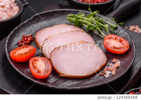Meat, smoked, ham sliced with salt, spices and herbs Meat, smoked, ham sliced with salt, spices and herbs 124308308