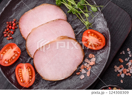 Meat, smoked, ham sliced with salt, spices and herbs Meat, smoked, ham sliced with salt, spices and herbs 124308309