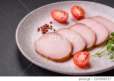 Meat, smoked, ham sliced with salt, spices and herbs 124308317