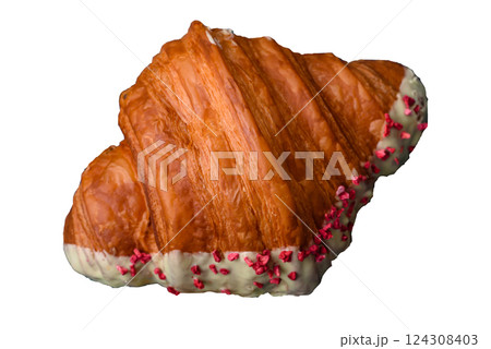 Crispy sweet red croissant with pistachio, raspberry and strawberry 124308403