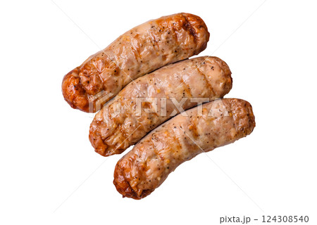 Juicy chicken or pork sausages with salt and spices 124308540