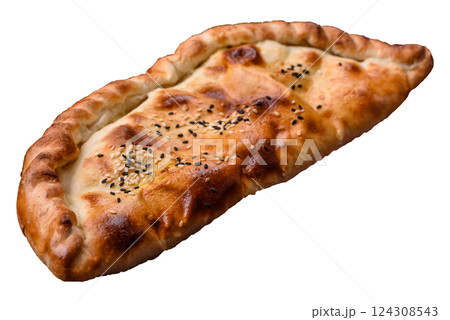 Cheburek meat pastry pie with herbs on the white background Cheburek meat pastry pie with herbs on the white background 124308543