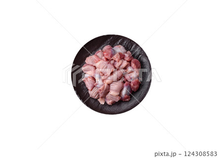Raw chicken or turkey stomach with salt, spices and herbs Raw chicken or turkey stomach with salt, spices and herbs 124308583