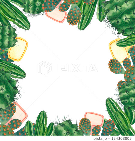 Cactus frame with plant signs hand painted in watercolor. Can be used for designing cards, invitations, event tickets 124308805