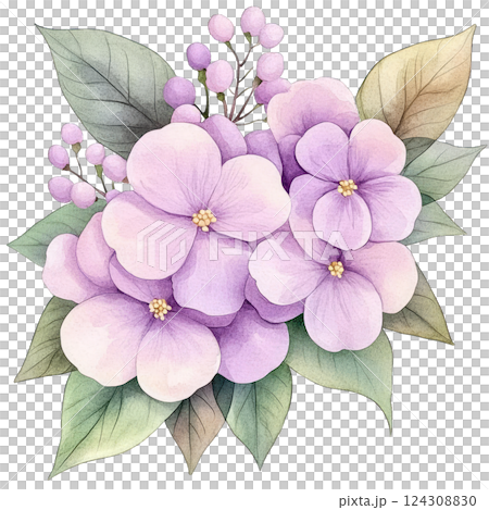 Beautiful watercolor depiction of lavender flowers and green leaves on white background Beautiful watercolor depiction of lavender flowers and green leaves on white background 124308830