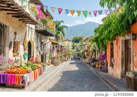 Vibrant street market in an Antigua neighborhood showcasing local produce and crafts under a sunny sky 124308866
