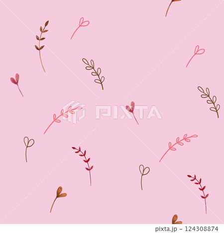 Childrens cute seamless pattern with pink and brown sprigs. Handmade watercolor and digital illustration on pink background. For design, background Childrens cute seamless pattern with pink and brown sprigs. Handmade watercolor and digital illustration on pink background. For design, background 124308874
