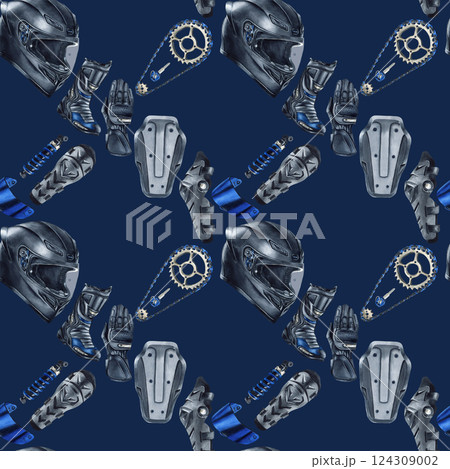 Moto gear, equipment, accessories. Motorcyclist helmet, glove and boot, kneepad. Chain, shock absorber, blue visor. Seamless pattern. Watercolor illustration on dark background for packaging in store 124309002