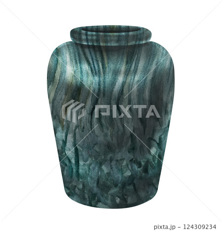 Planters, vases with natural striped stone textures of agate, malachite. Dark green flower pots for plants and bouquets. Watercolor template for interior, exterior, garden flowers, plants, trees 124309234
