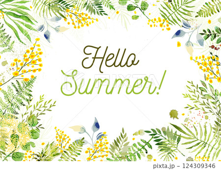 Hello Summer. Watercolor Leaves Frame and mimosa branches. hand drawing. Not AI Vector illustration 124309346