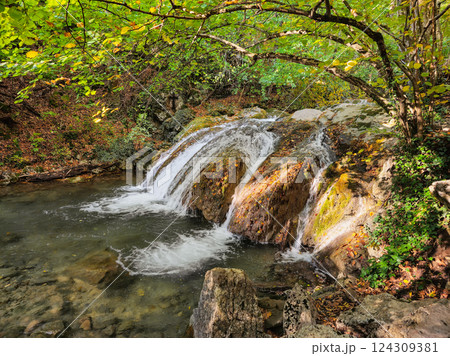 Djur-Djur waterfall, autumn Crimean forest. 124309381