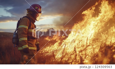 A brave firefighter stands against a raging wildfire. The fire blazes intensely in the background showcasing the dangers of wildfires. Courage is essential in firefighting. Generative AI 124309563