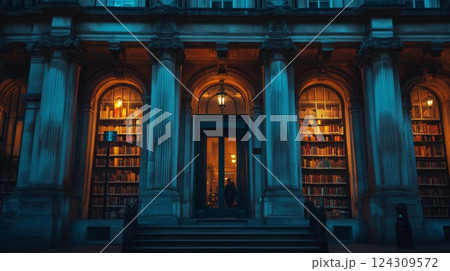 An elegant library stands illuminated by warm lights. Tall columns frame the entrance. Bookshelves invite exploration within this majestic setting. Generative AI 124309572
