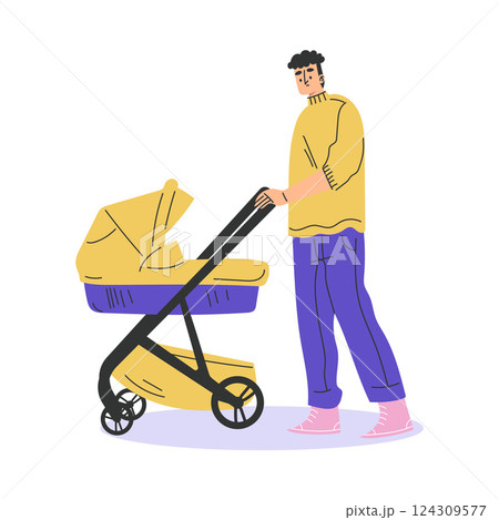 Young Man Parent Walking with Baby Carriage Vector Illustration 124309577