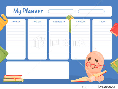Cute Worm Character with Book in Glasses Planner Vector Template Cute Worm Character with Book in Glasses Planner Vector Template 124309628