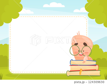 Cute Worm Character with Book in Glasses Note Card Vector Template Cute Worm Character with Book in Glasses Note Card Vector Template 124309630