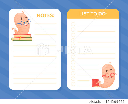 Cute Worm Character with Book in Glasses Note Card Vector Template 124309631