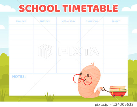 Cute Worm Character with Book in Glasses School Timetable Vector Template Cute Worm Character with Book in Glasses School Timetable Vector Template 124309632