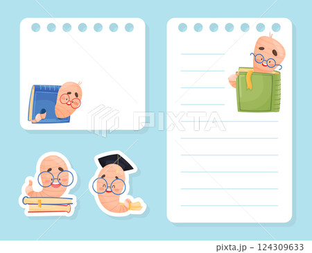 Cute Worm Character with Book in Glasses Note Card Vector Template 124309633