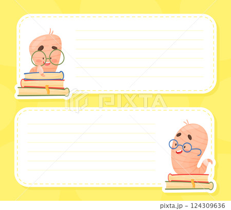 Cute Worm Character with Book in Glasses Note Card Vector Template 124309636