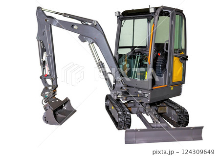 Powerful excavator ready for construction tasks in urban landscape. Isolated on white background. 124309649