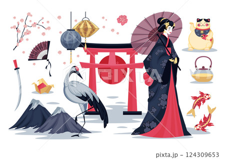 Japan culture set in flat cartoon design. Collection graphic elements with sakura branch, paper lantern, geisha in kimono, pagoda gate, mountains, origami, katana, tea, other. Vector illustration. Japan culture set in flat cartoon design. Collection graphic elements with sakura branch, paper lantern, geisha in kimono, pagoda gate, mountains, origami, katana, tea, other. Vector illustration. 124309653