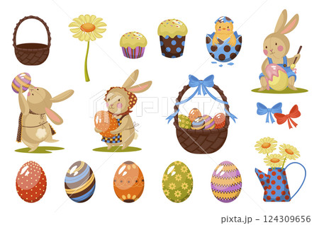 Happy Easter set in flat cartoon design. Collection graphic elements with cute bunny, eggs with holiday painting, baskets, daisy bouquets, christian cake and tradition symbols. Vector illustration. 124309656