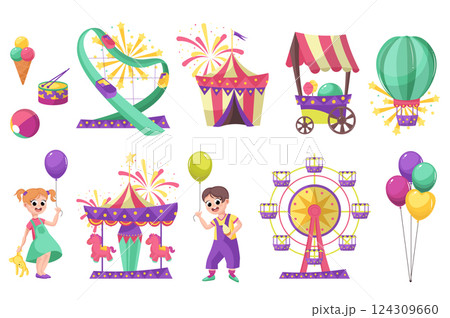 Amusement park set in flat cartoon design. Collection graphic elements with circus, roller coaster, hot air balloon, carousel, kiosk, girl, boy, attractions, ferris wheel, other. Vector illustration. Amusement park set in flat cartoon design. Collection graphic elements with circus, roller coaster, hot air balloon, carousel, kiosk, girl, boy, attractions, ferris wheel, other. Vector illustration. 124309660