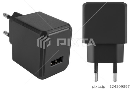 Practical power adapter with black color on white background. 124309897