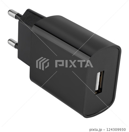 Compact black power adapter for charging smartphones and tablets. Compact black power adapter for charging smartphones and tablets. 124309930