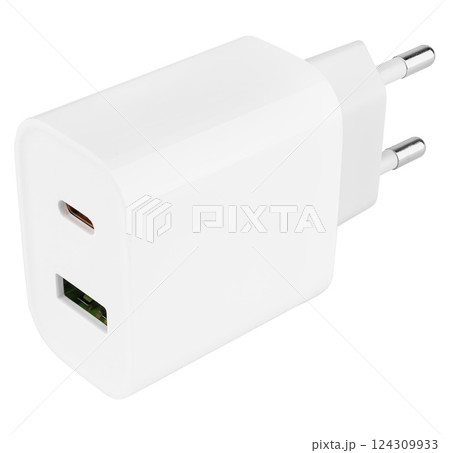 White colored power charging adapter for gadgets. White colored power charging adapter for gadgets. 124309933