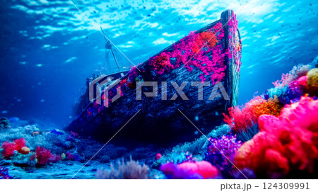 Sunken ship covered in colorful coral on the ocean floor Sunken ship covered in colorful coral on the ocean floor 124309991