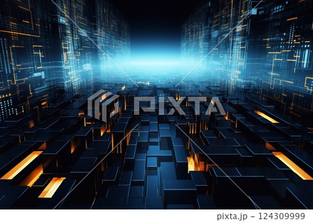 Digital city of the future. Blocks and lines create a labyrinth, neon accents emphasize technology. Generative AI 124309999