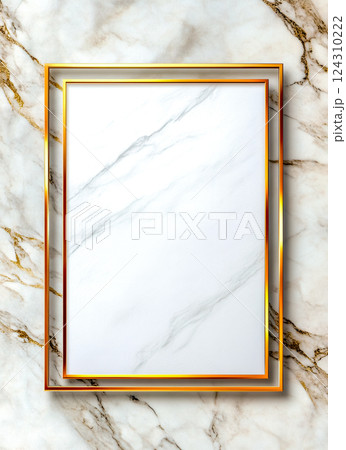 Elegant gold frame on white marble background for invitation or announcement 124310222