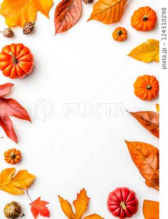 Autumn composition border with colorful leaves and pumpkins framing white empty copy space 124310298