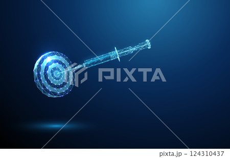 Syringe aimed at the center of a target. Pharmacogenetics concept, symbolizing precise drug delivery based on genetic profiles. Low poly style 124310437