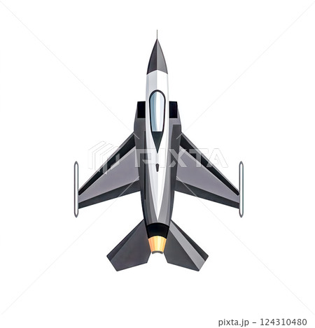 Fighter jet flying in the sky, military aircraft top view 124310480
