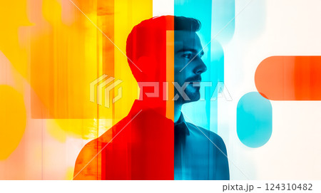 Businessman silhouette reflecting changing light and shadow patterns 124310482
