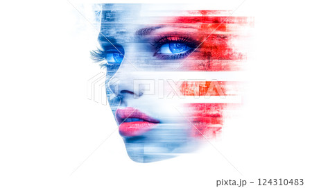 Woman face emerging from glitch effect with red and blue stripes 124310483