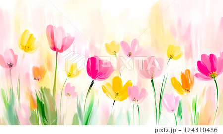 Pink and yellow wildflowers blooming in a soft meadow 124310486