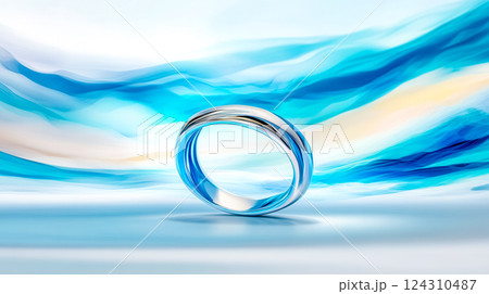 Silver ring standing on a reflective surface with a wavy blue background 124310487