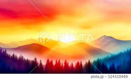 Colorful sunrise illuminating misty mountain peaks and pine forest 124310489
