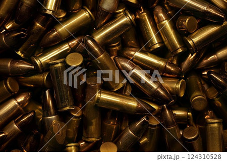 Big amount of pistol and rifle new bullets in pile. Neural network ai generated 124310528