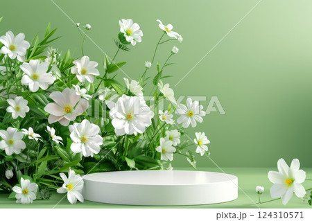 Cylinder podium for product placement surrounded by different flowers. Neural network ai generated 124310571