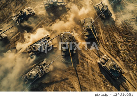 Tanks in formation on rugged terrain. Neural network AI generated 124310583