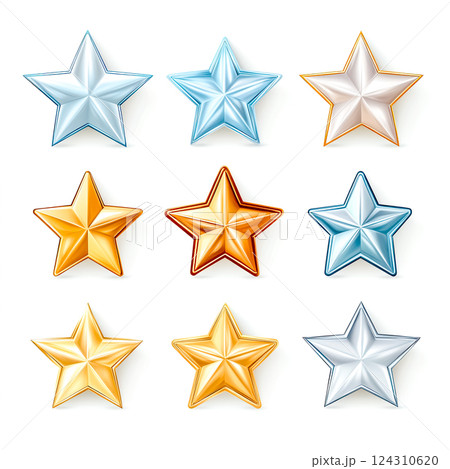 Set of nine realistic metallic stars in gold, silver and bronze, isolated on white background 124310620