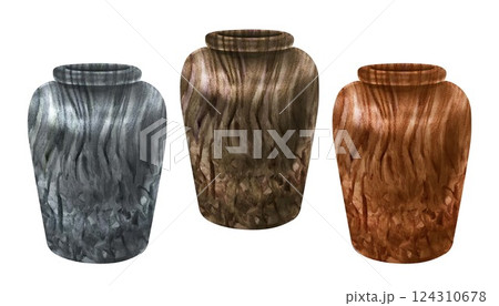 Planters, vases with the texture of natural striped stone. Dark gray, sepia, brown flowerpots for plants, bouquets. Watercolor container template for interior, exterior, garden flowers, plants, trees Planters, vases with the texture of natural striped stone. Dark gray, sepia, brown flowerpots for plants, bouquets. Watercolor container template for interior, exterior, garden flowers, plants, trees 124310678