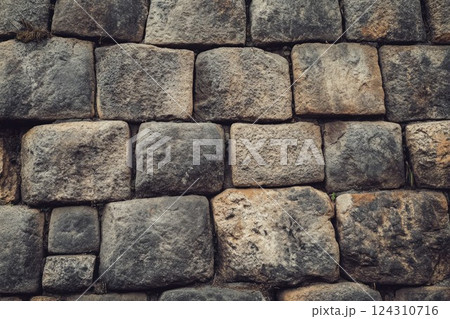 Close-up view of stone wall with weathered texture. Neural network AI generated 124310716
