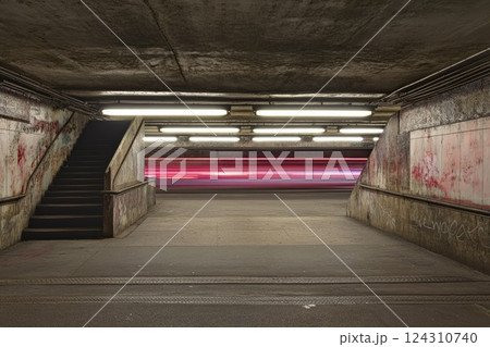 Dynamic light trails in urban tunnel at night. Neural network AI generated 124310740